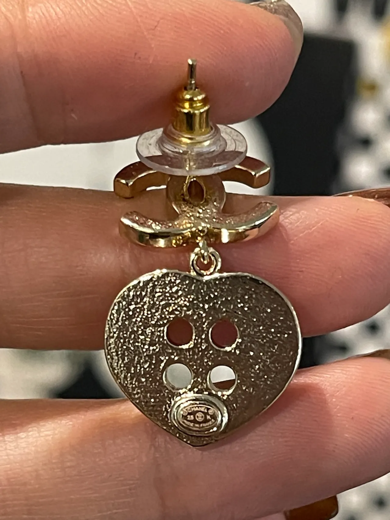 Chanel CC Logo Heart Button Crystal Dangling Earrings 2