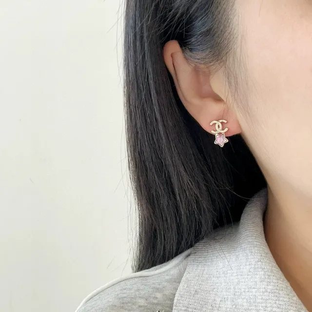 Chanel CC Logo Star Crystal Gold Pink Faceted Pendientes 4