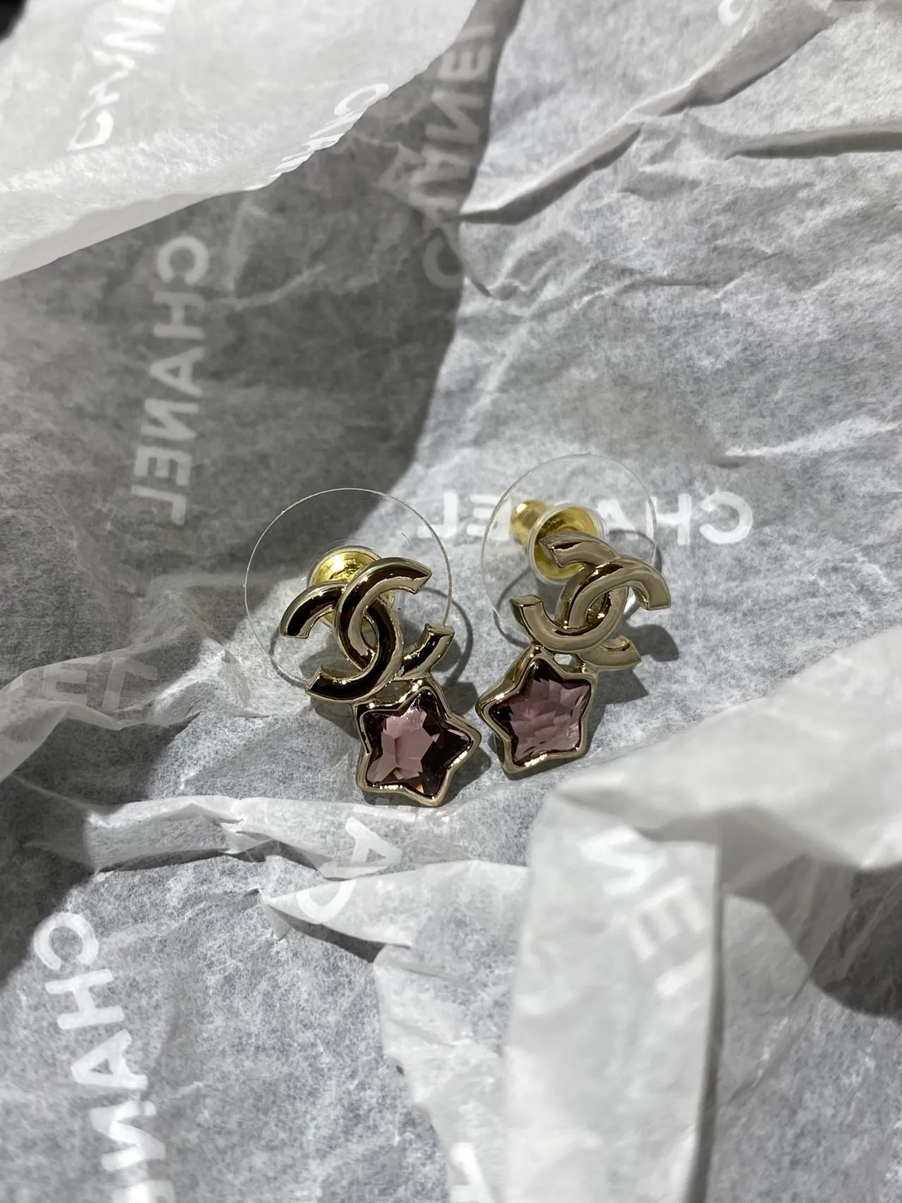 Chanel CC Logo Star Crystal Gold Pink Faceted Pendientes 8