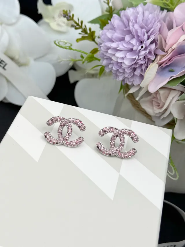 Chanel CC أقراط وردي فضي Pavé Crystal Interlocking Logo 3