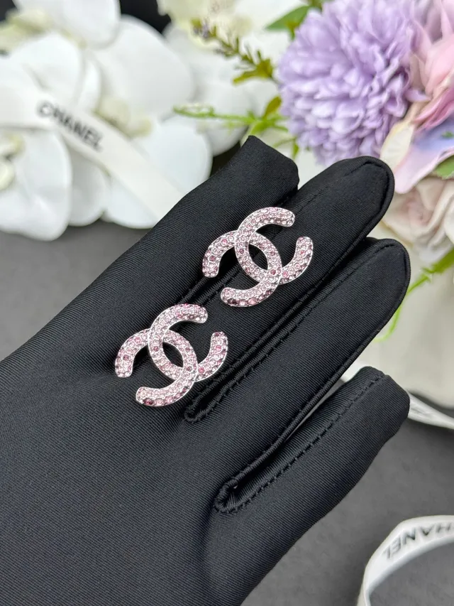 Chanel CC أقراط وردي فضي Pavé Crystal Interlocking Logo 5