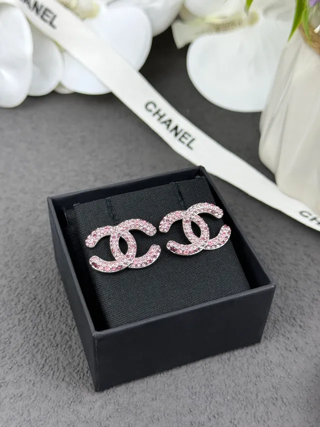 Chanel CC أقراط وردي فضي Pavé Crystal Interlocking Logo 6