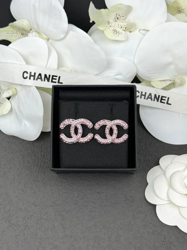 Chanel CC أقراط وردي فضي Pavé Crystal Interlocking Logo 8