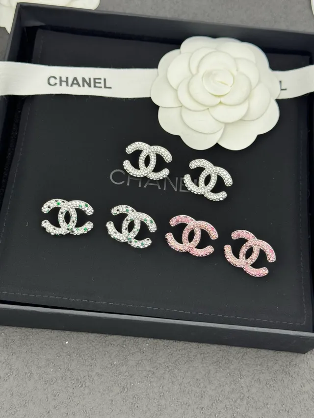 Chanel CC أقراط وردي فضي Pavé Crystal Interlocking Logo 9