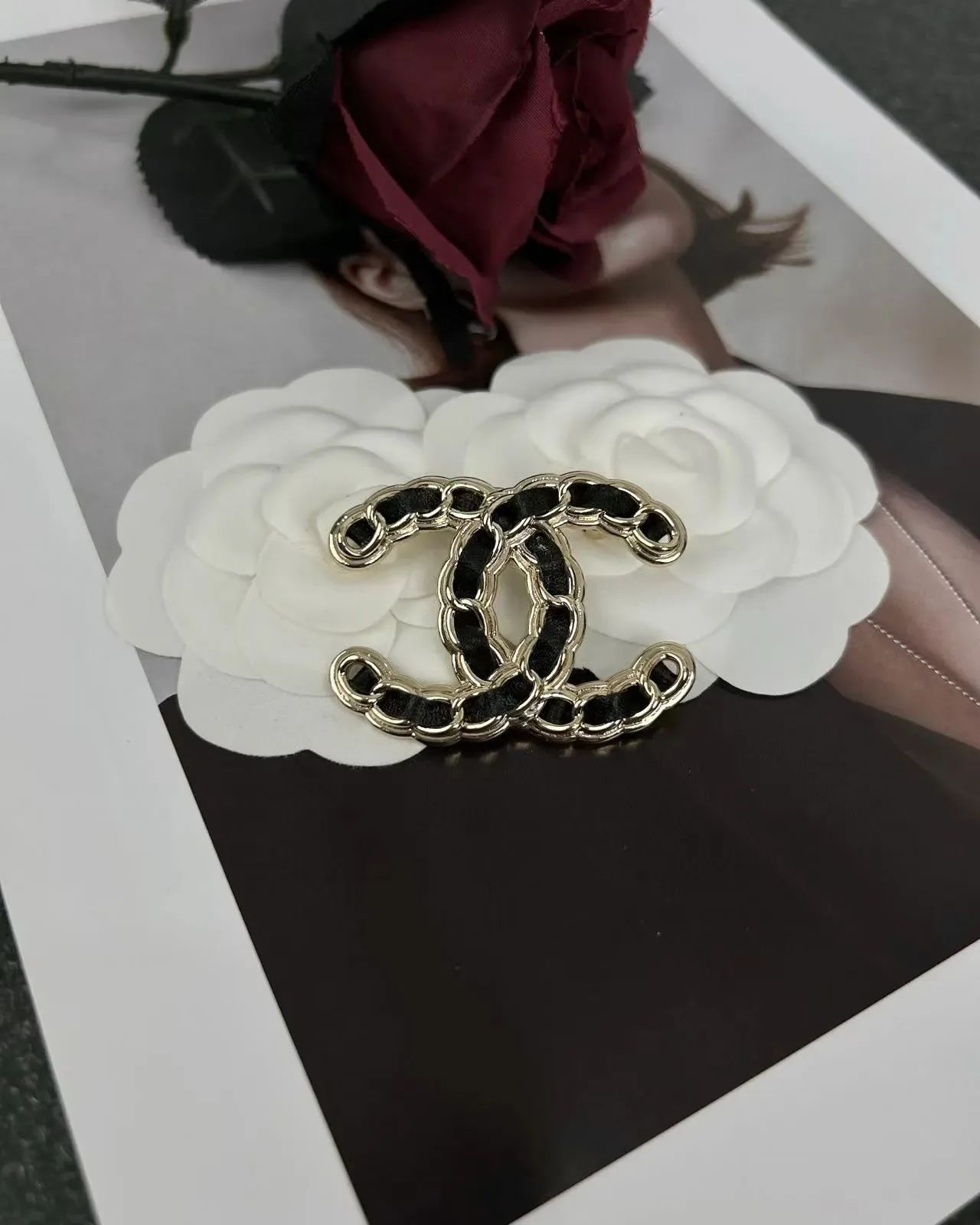 Chanel Chain-Link CC Camellia Brooch Gold Black Logo Leather Inlay Brooch 7