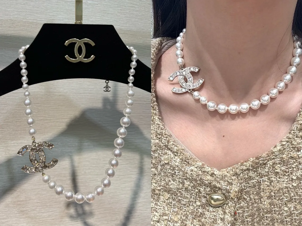 Chanel Collar Clásico de Perlas Cadena Plateada Blanca con Cristales Incrustados Colgante CC 8