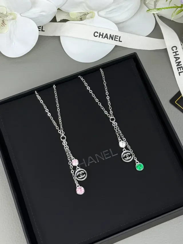 Chanel Double Chain Lariat Silver Pink Layered Drop Necklace 2