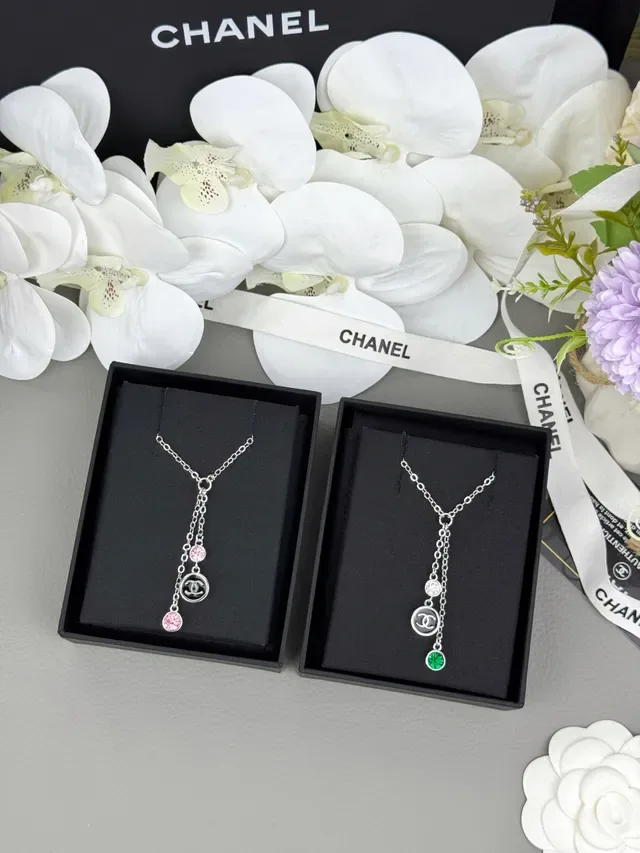 Chanel Double Chain Lariat Silver Pink Layered Drop Necklace 3