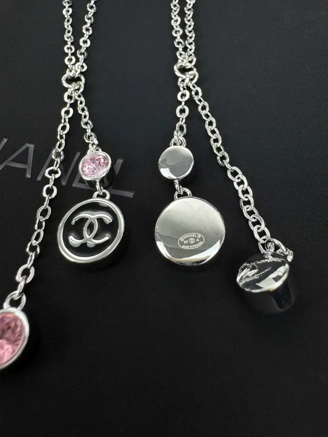 Chanel Double Chain Lariat Silver Pink Layered Drop Necklace 4