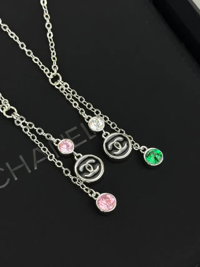 Chanel Double Chain Lariat Silver Pink Layered Drop Necklace 5