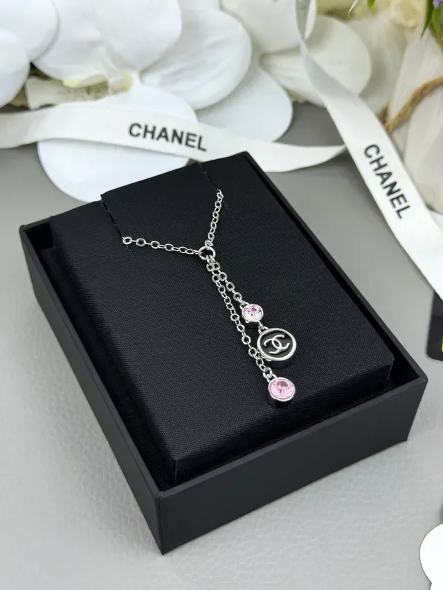 Chanel Double Chain Lariat Silver Pink Layered Drop Necklace 7