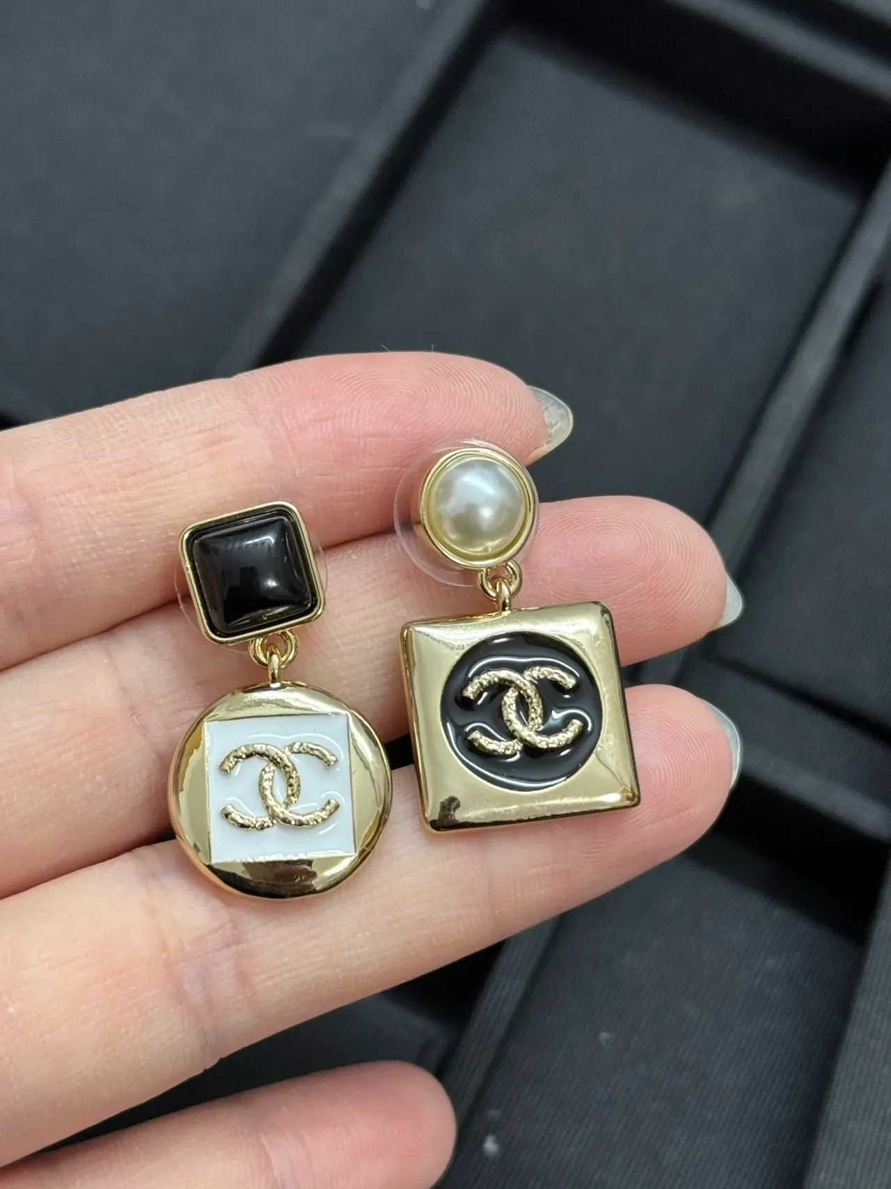 Chanel Gold Black Asymmetrical Drop Geometric Enamel Earrings 2
