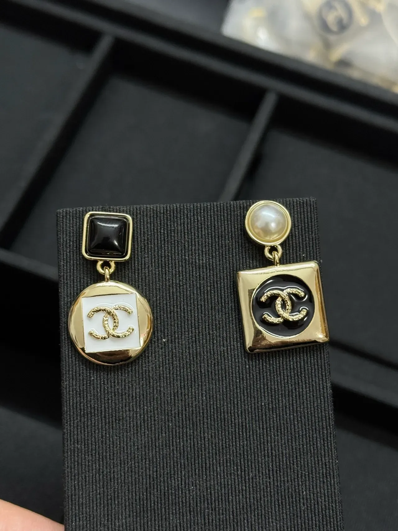 Chanel Gold Black Asymmetrical Drop Geometric Enamel Earrings 4