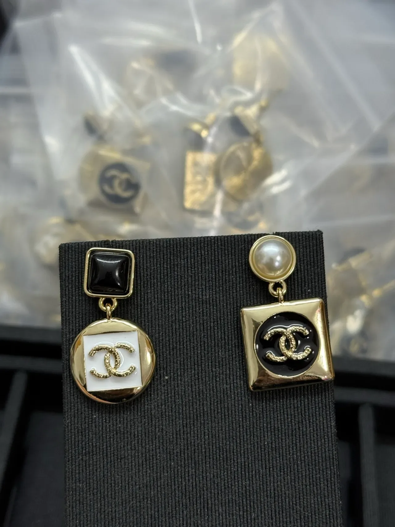 Chanel Gold Black Asymmetrical Drop Geometric Enamel Earrings 5