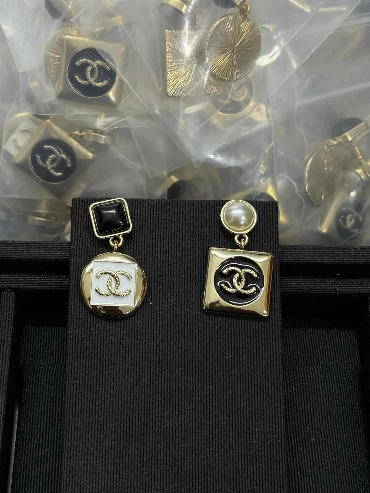 Chanel Gold Black Asymmetrical Drop Geometric Enamel Earrings 6