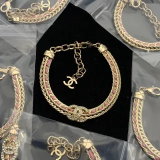 Chanel 金粉色 编织链 皮革镶嵌 手链