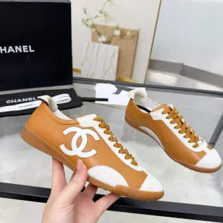 Chanel Logo-Accented Tan and White Lifestyle Sneakers