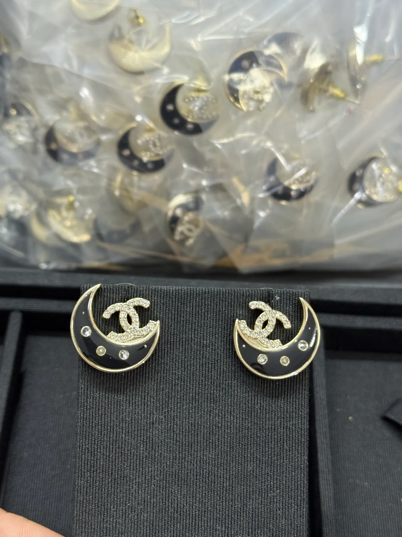 Chanel Moon Black Silver Crescent Shape Pavé Crystal CC Logo Earrings 4