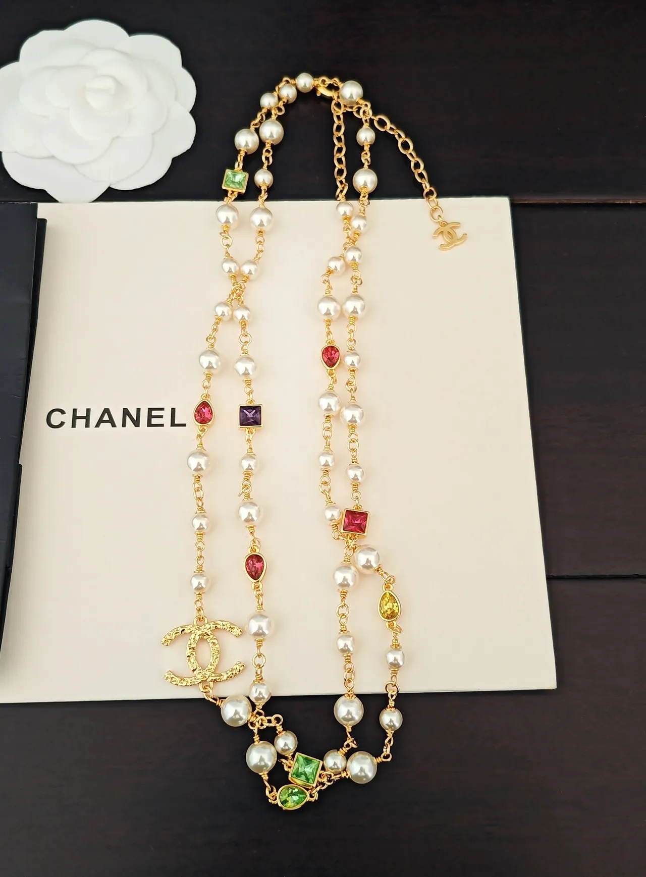 Chanel Pearl and Multicolor Stone Chain Necklace 5