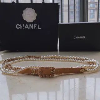 Chanel لؤلؤ حزام بيج ذهبي سلسلة مرتبطة جلد حزام