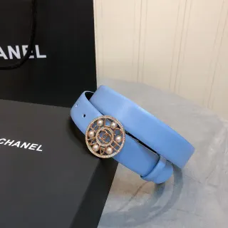 Chanel Pearl Medallion Buckle Light Blue Leather Belt