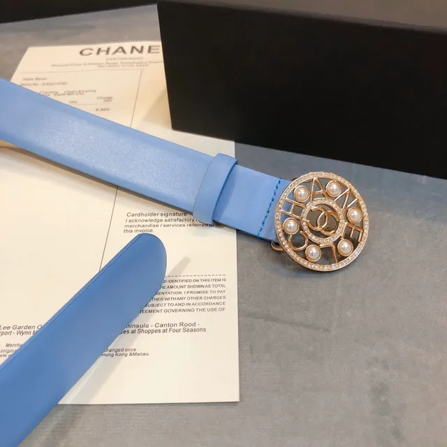 Chanel Boucle Médaille Perle Ceinture Cuir Bleu Clair 5
