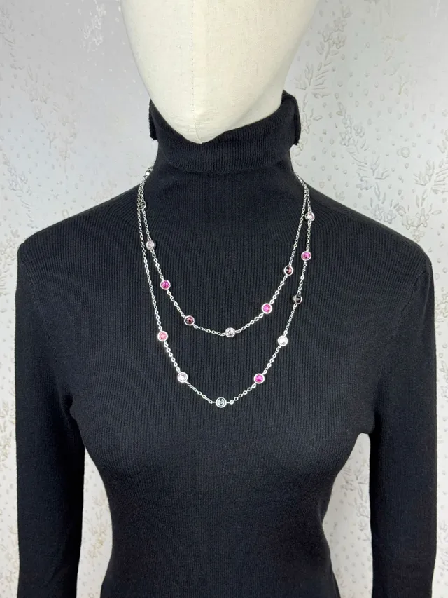 Chanel Silver Pink Multi-Strand Chain Cabochon-Set Necklace 2