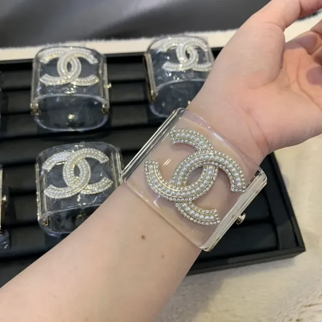 Chanel Transparent Gold Acrylic Pearl-Encrusted Bracelet 2
