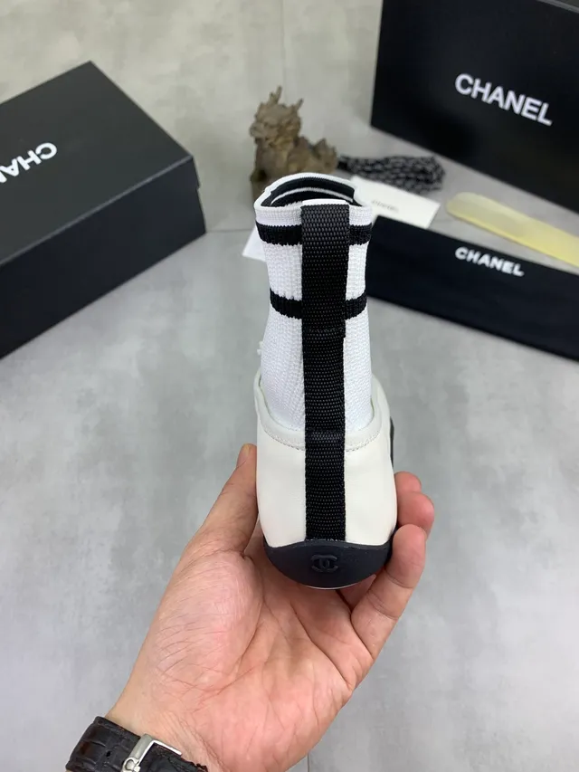 Chanel أبيض أسود جورب صوفي ساق الكاحل كم خطي باليه فلات 3