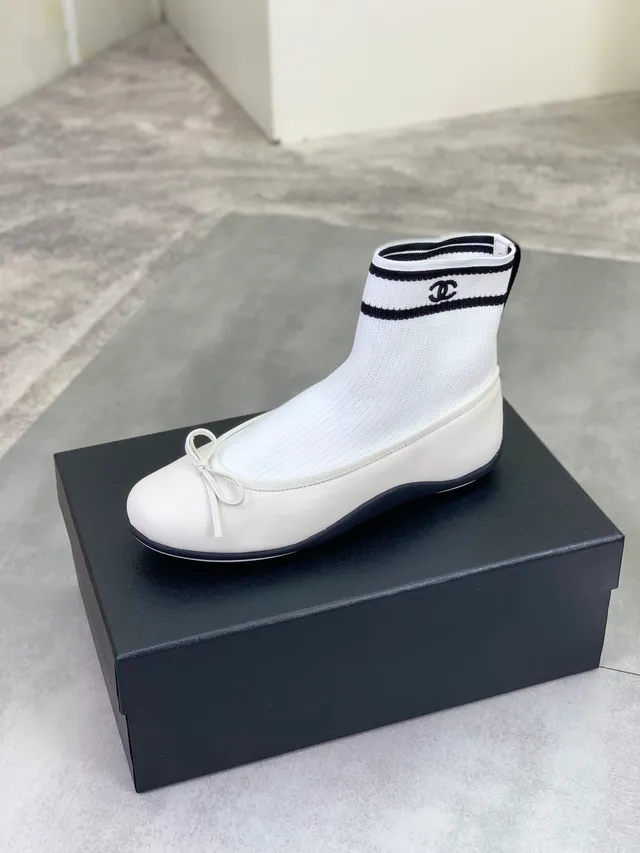 Chanel أبيض أسود جورب صوفي ساق الكاحل كم خطي باليه فلات 4