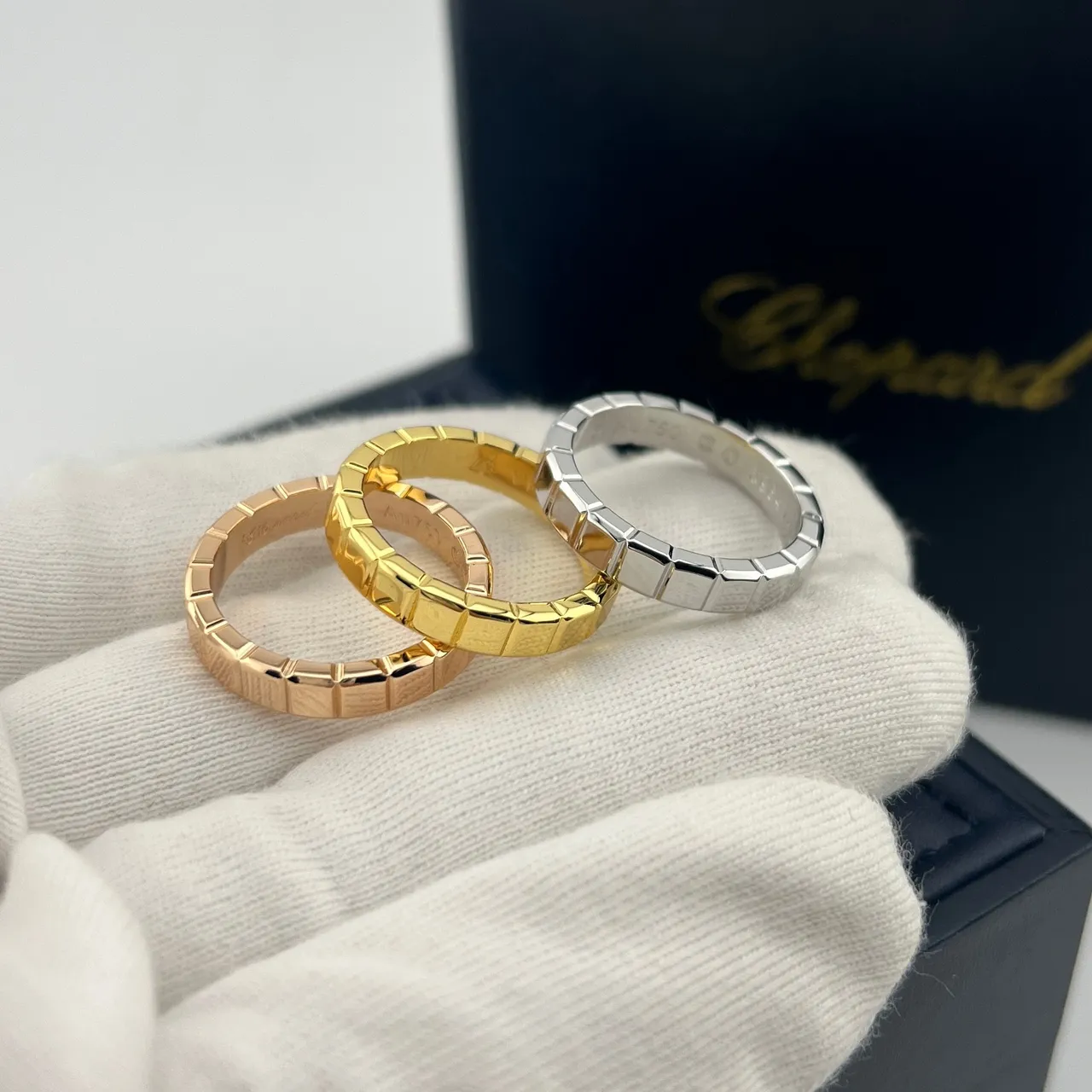 Chopard Gold Black Triple-Row Square-Link Multi-Tone Ring 5