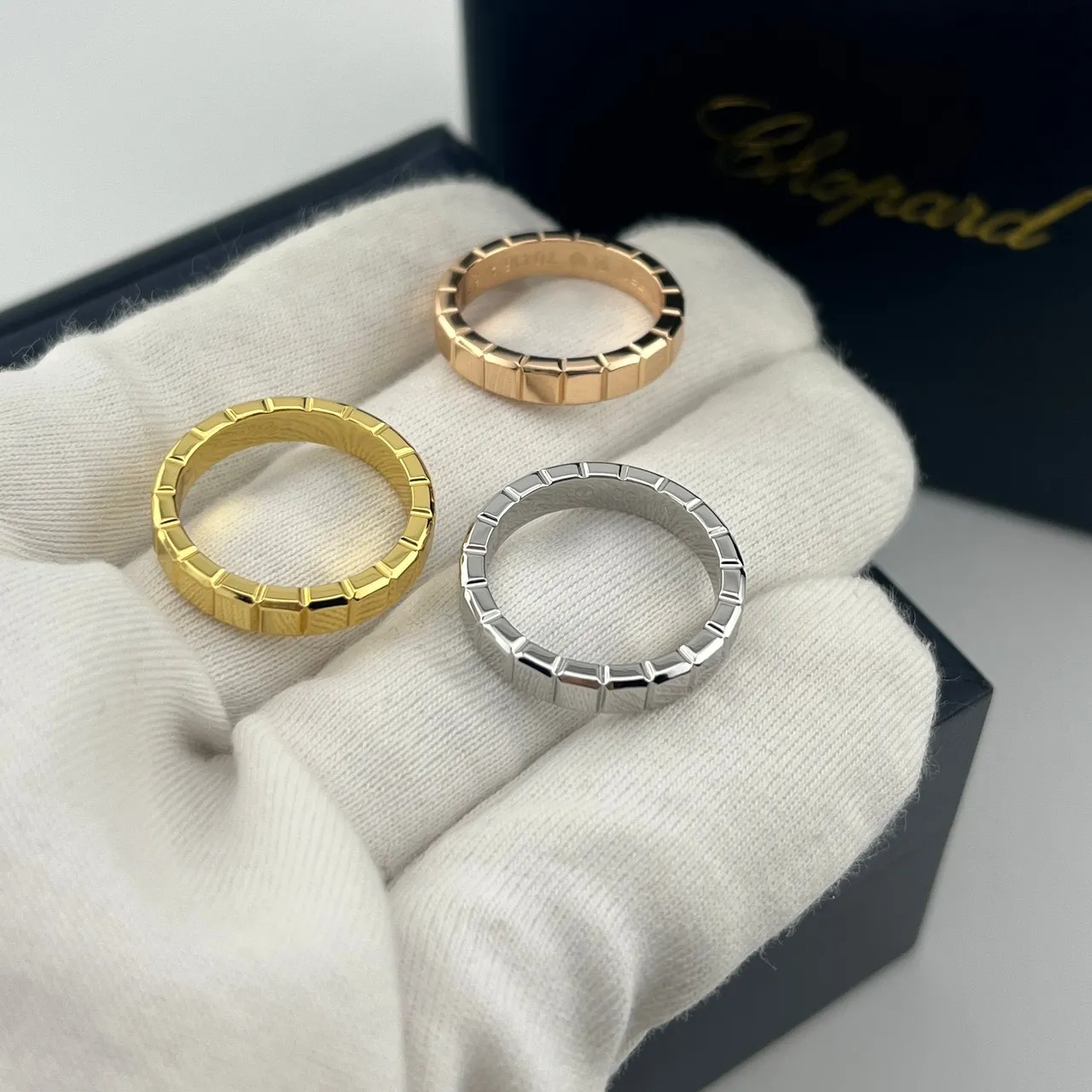 Chopard Gold Black Triple-Row Square-Link Multi-Tone Ring 6
