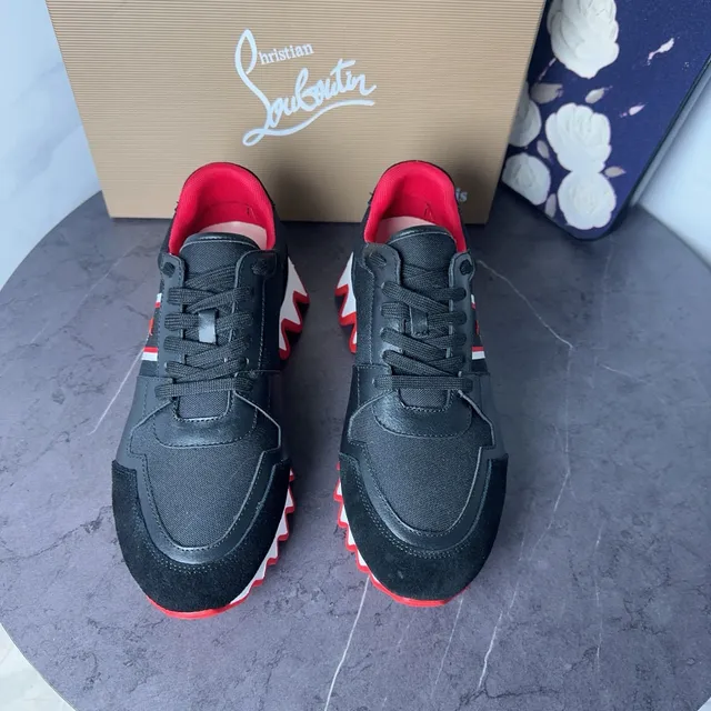 Christian Louboutin tênis preto vermelho esculpido sola ondulada superior ante couro tênis chunky 4