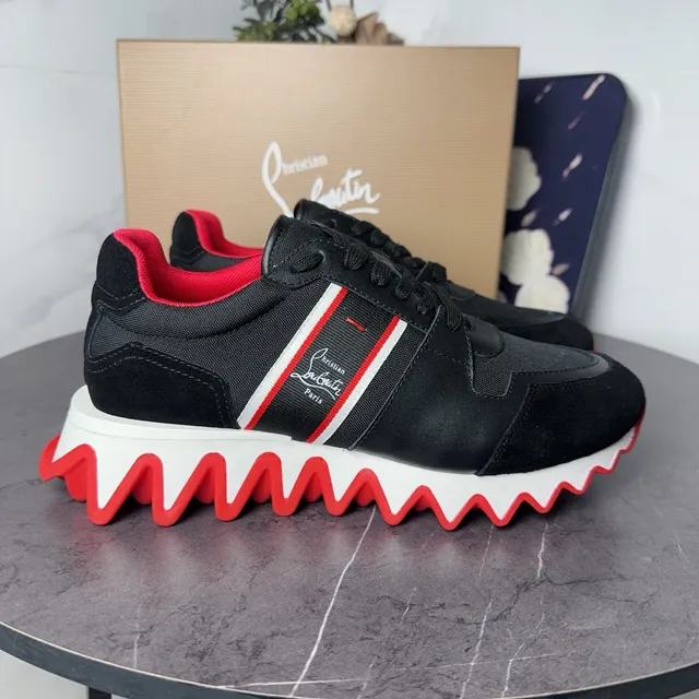 Christian Louboutin tênis preto vermelho esculpido sola ondulada superior ante couro tênis chunky 7