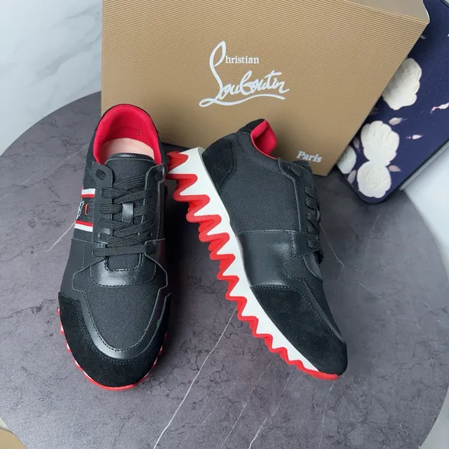 Christian Louboutin tênis preto vermelho esculpido sola ondulada superior ante couro tênis chunky 9