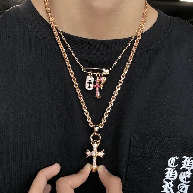 Chrome Hearts क्रॉस पेवे क्रिस्टल गोल्ड-टोन नेकलेस 2