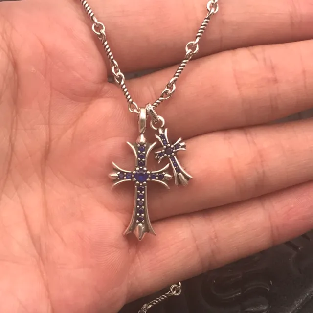 Chrome Hearts Cross Silver Blue Twisted Rope Chain Double Pendant Necklace 2