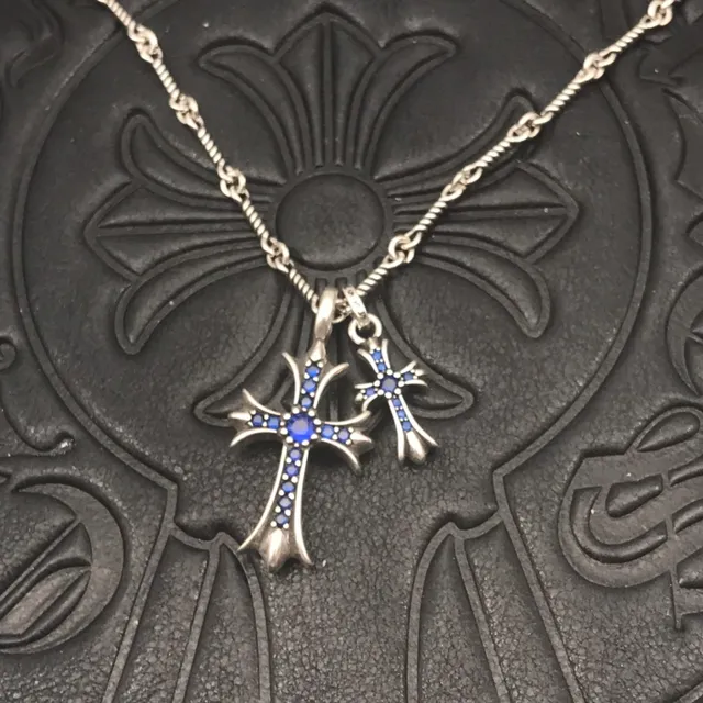 Chrome Hearts Cross Silver Blue Twisted Rope Chain Double Pendant Necklace 3