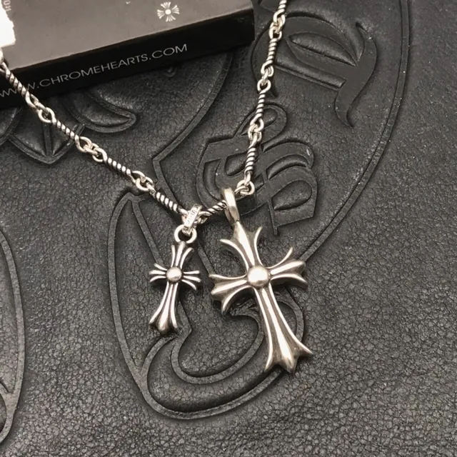 Chrome Hearts Cross Silver Blue Twisted Rope Chain Double Pendant Necklace 4