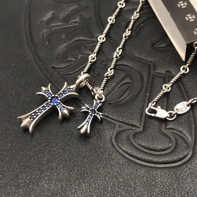 Chrome Hearts Cross Silver Blue Twisted Rope Chain Double Pendant Necklace 5