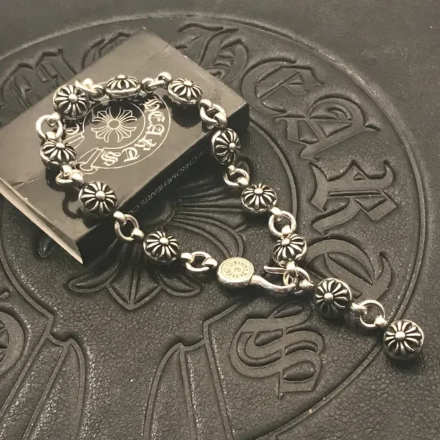 Chrome Hearts Cadena Floral de Cuentas Plata Negro Eslabones Pulsera de Metal 7