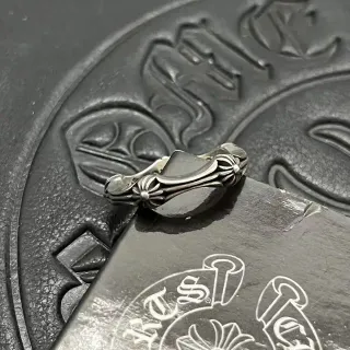 Chrome Hearts Silver Black Ornate Floral Scrollwork Shield-Shaped Bezel Ring