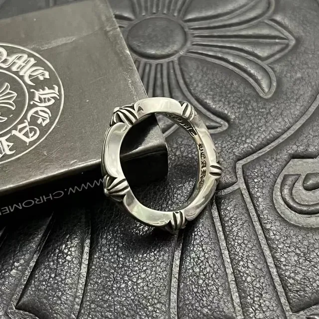Chrome Hearts Silver Black Ornate Floral Scrollwork Shield-Shaped Bezel Ring 9