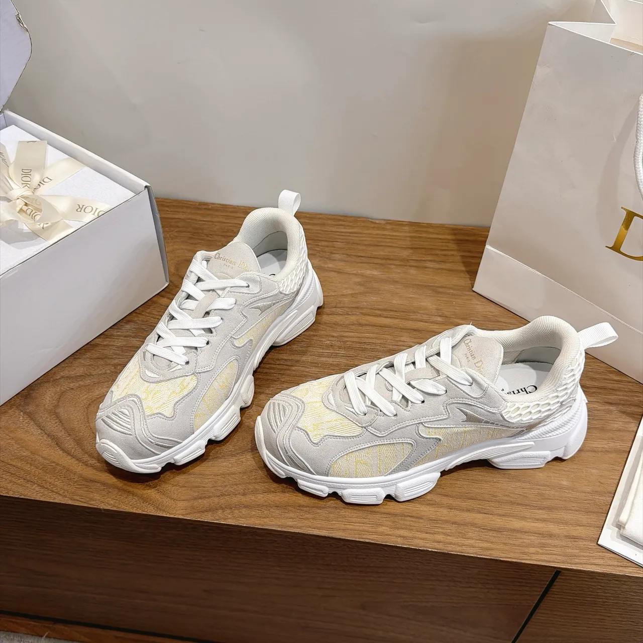 Dior B22 Beige Yellow Sole Jacquard Paneling Chunky Sneakers 4