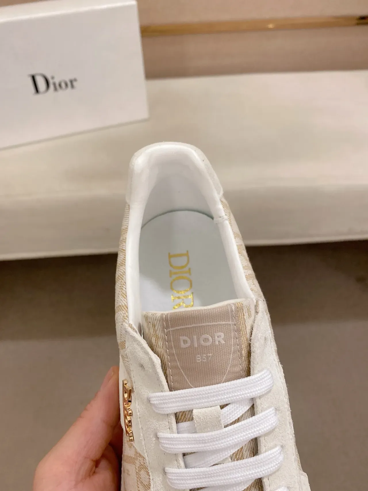 Dior Beige Oro Monograma Impreso Textil Ante Superposiciones Zapatillas Lifestyle 4