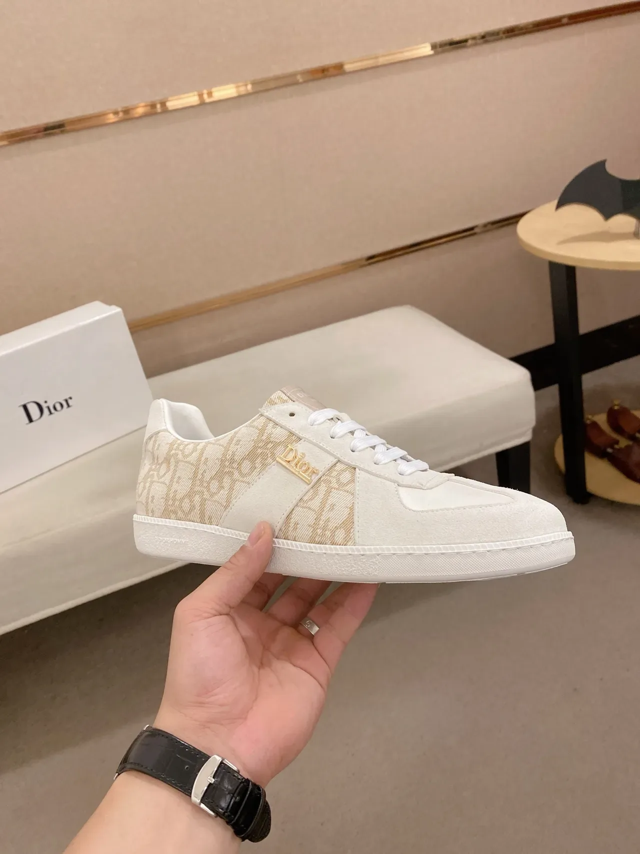 Dior Beige Oro Monograma Impreso Textil Ante Superposiciones Zapatillas Lifestyle 5
