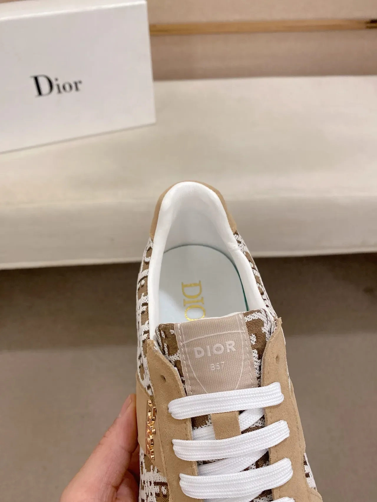 Dior Beige White Monogram-Print Textile Suede Overlays Lifestyle Sneakers 3