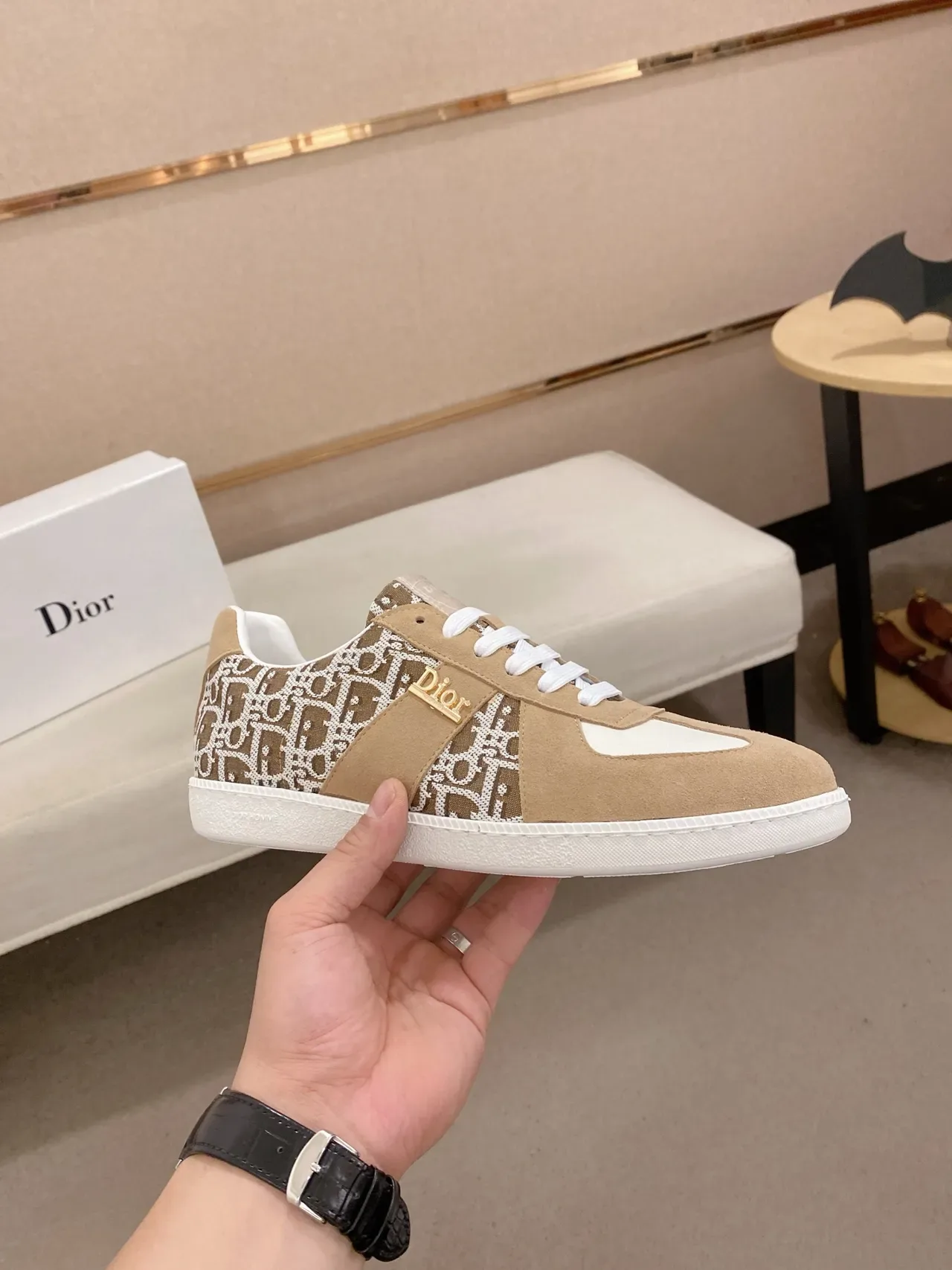 Dior Beige White Monogram-Print Textile Suede Overlays Lifestyle Sneakers 4