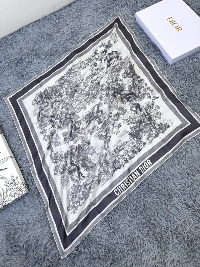 Dior Écharpe de Soie Imprimé Noir et Blanc Pastoriel Rayé Gris 6