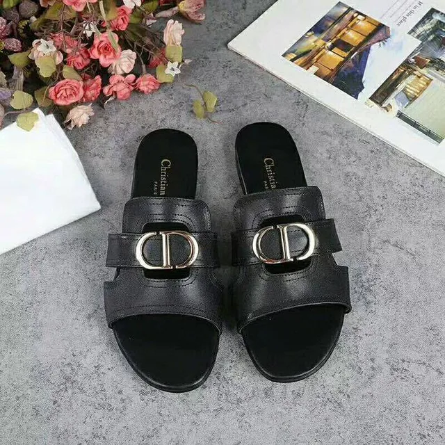 Dior Black Gold Leather Single Strap Slippers 3